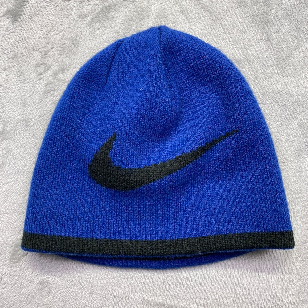 Nike Beanie Hat Blue Black Knit‎ Swoosh Winter Warm Sportswear